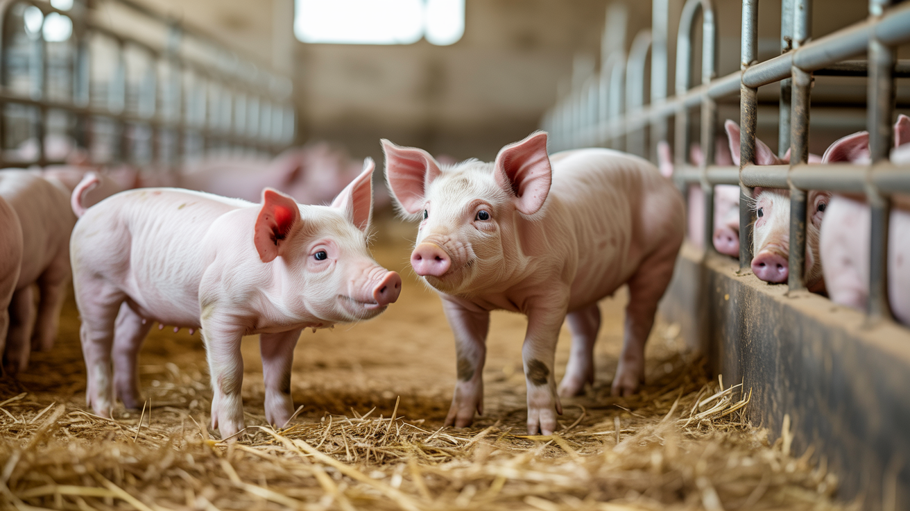 Lechones saludables en granja porcina moderna con control sanitario